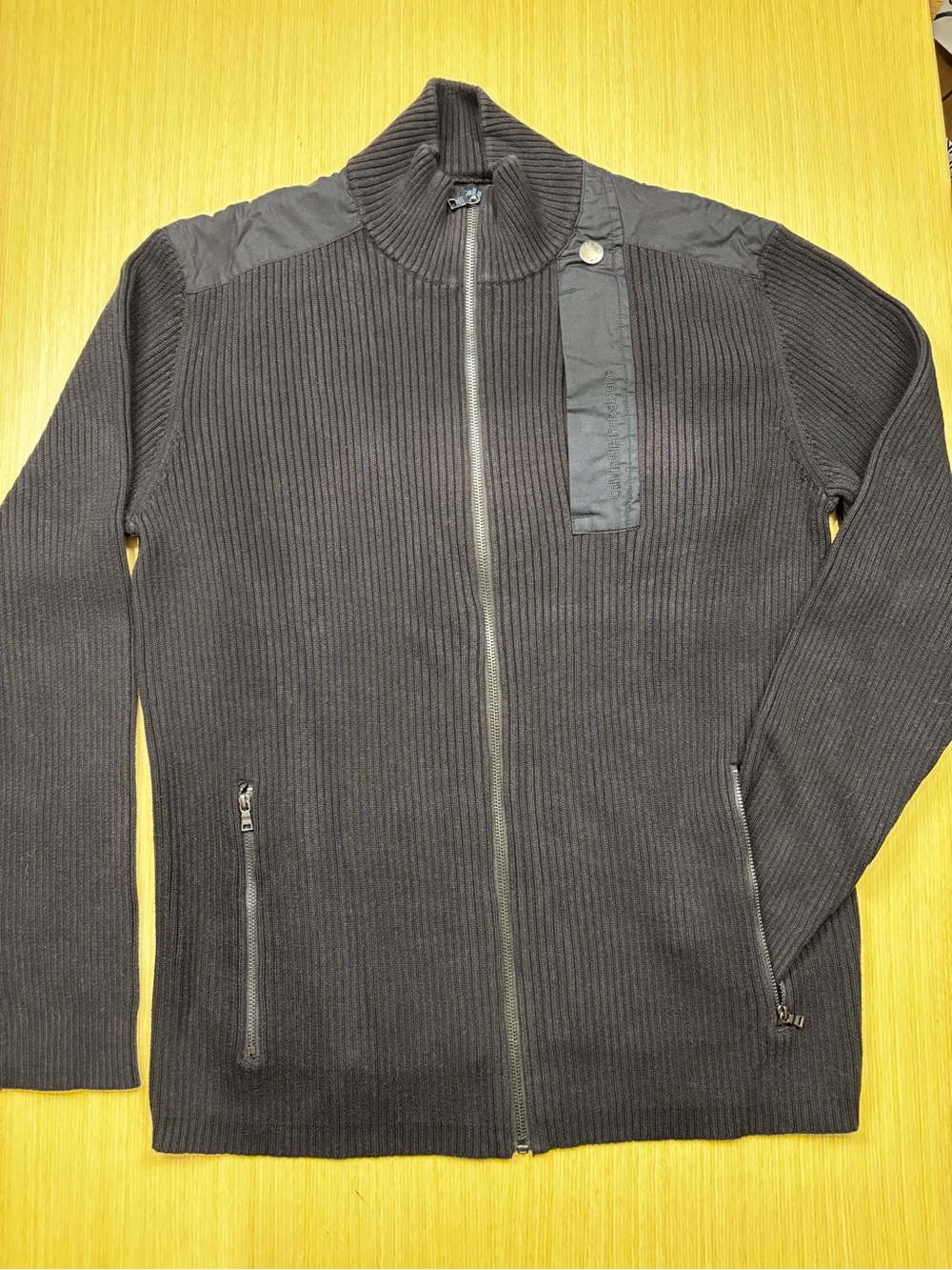 Calvin Klein Men's Ribbed Full Zip Mock Neck Sweater Nylon Trim Black Sz L